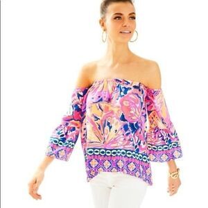 Lilly Pulitzer Sanilla 100% Silk Off The Shoulder Top XS